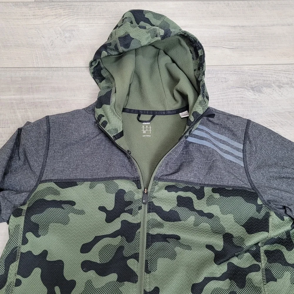Adidas Men's Medium Camo Fleece-Lined Hooded Jacket – Full Zip Reflective Detail